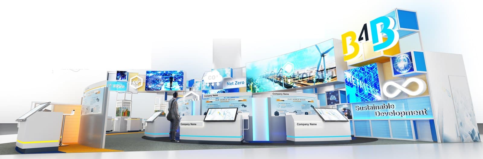 Rendering of the B4B booth for InnoEX, with CO2, Net Zero and Sustainable Development panels