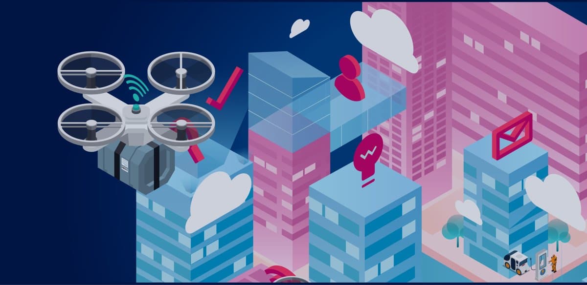 B4B 2025/26 campaign artwork: an isometric smart city with drones and green buildings